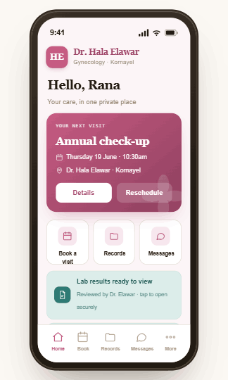Dr. Hala Elawar app — Home screen, built on Mudeer