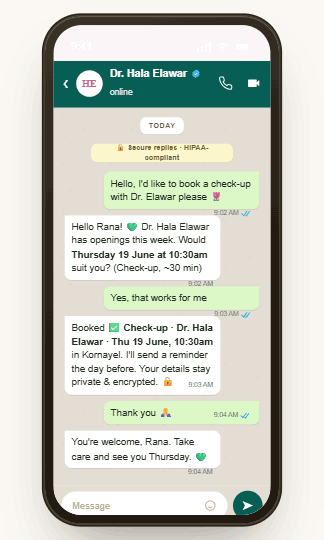 Dr. Hala Elawar app — WhatsApp screen, built on Mudeer