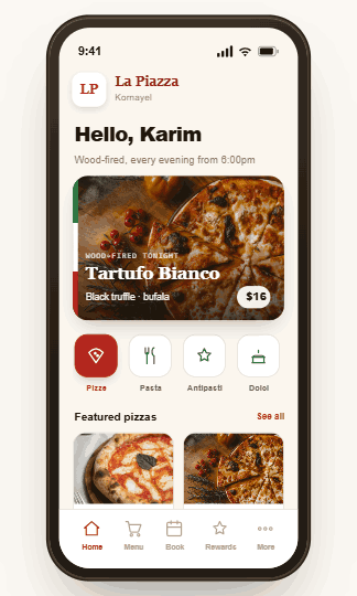 La Piazza app — Home screen, built on Mudeer