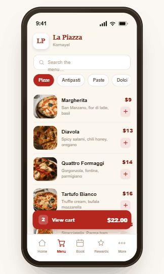 La Piazza app — Menu screen, built on Mudeer