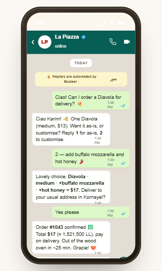 La Piazza app — WhatsApp screen, built on Mudeer