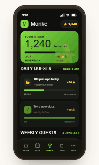 Monkè app — Bananas screen, built on Mudeer